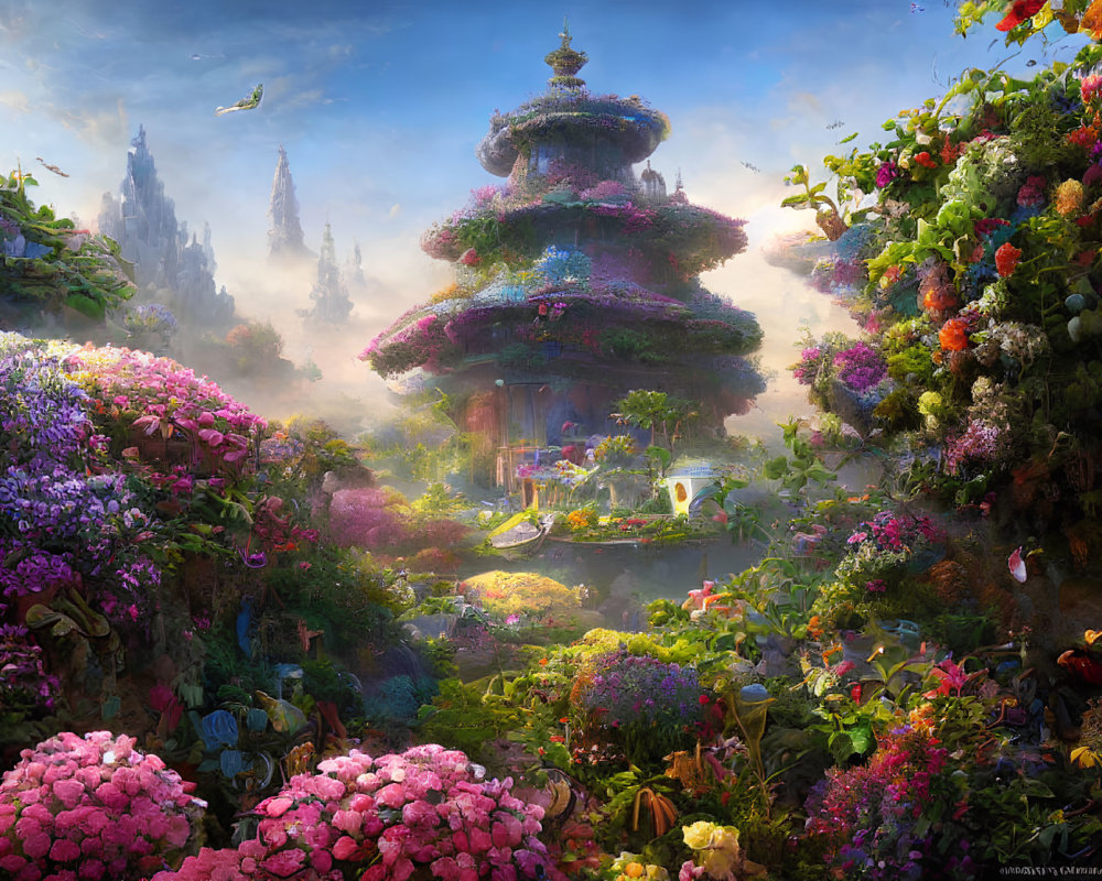 Colorful Fantasy Landscape with Whimsical Pagodas & Lush Gardens