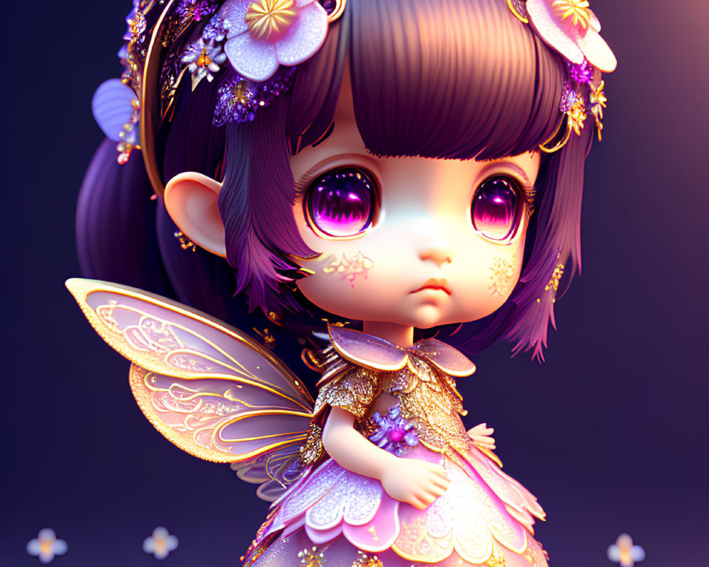 Cartoon fairy with purple eyes, floral headpiece, sparkly dress, wings, and butterflies.