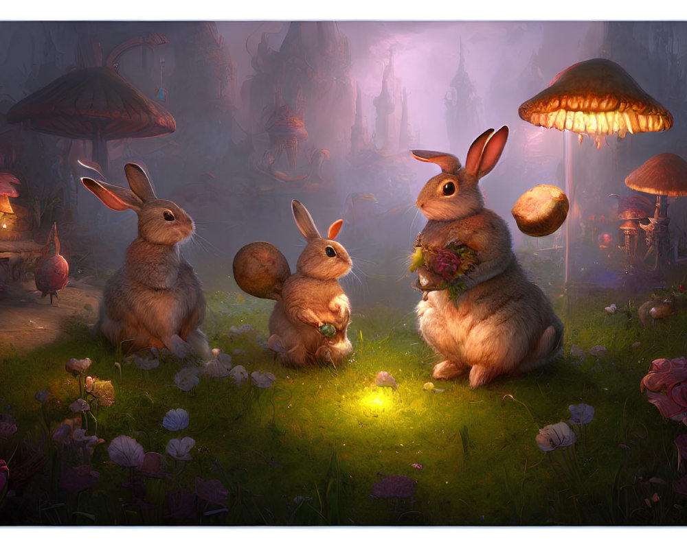 Enchanting forest scene with rabbits, glowing mushrooms, flowers, bouquet, and magical atmosphere