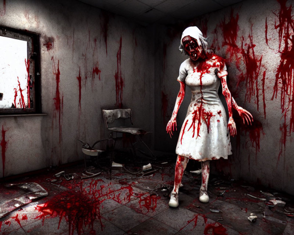 Bloody horror-themed room with nurse figure in bandaged face