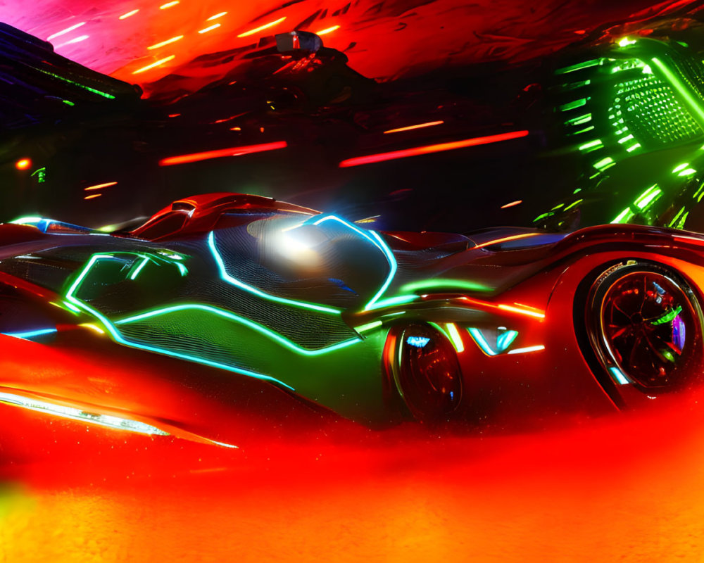 Futuristic car with neon lights in cyberpunk cityscape