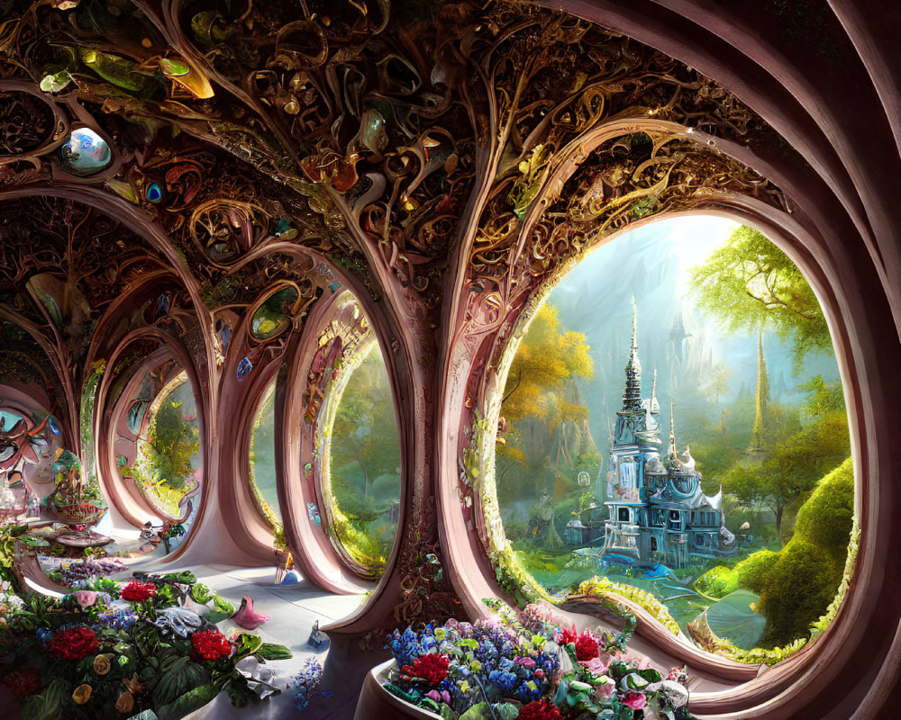 Ornate interior with arches leading to vibrant forest and enchanted castle