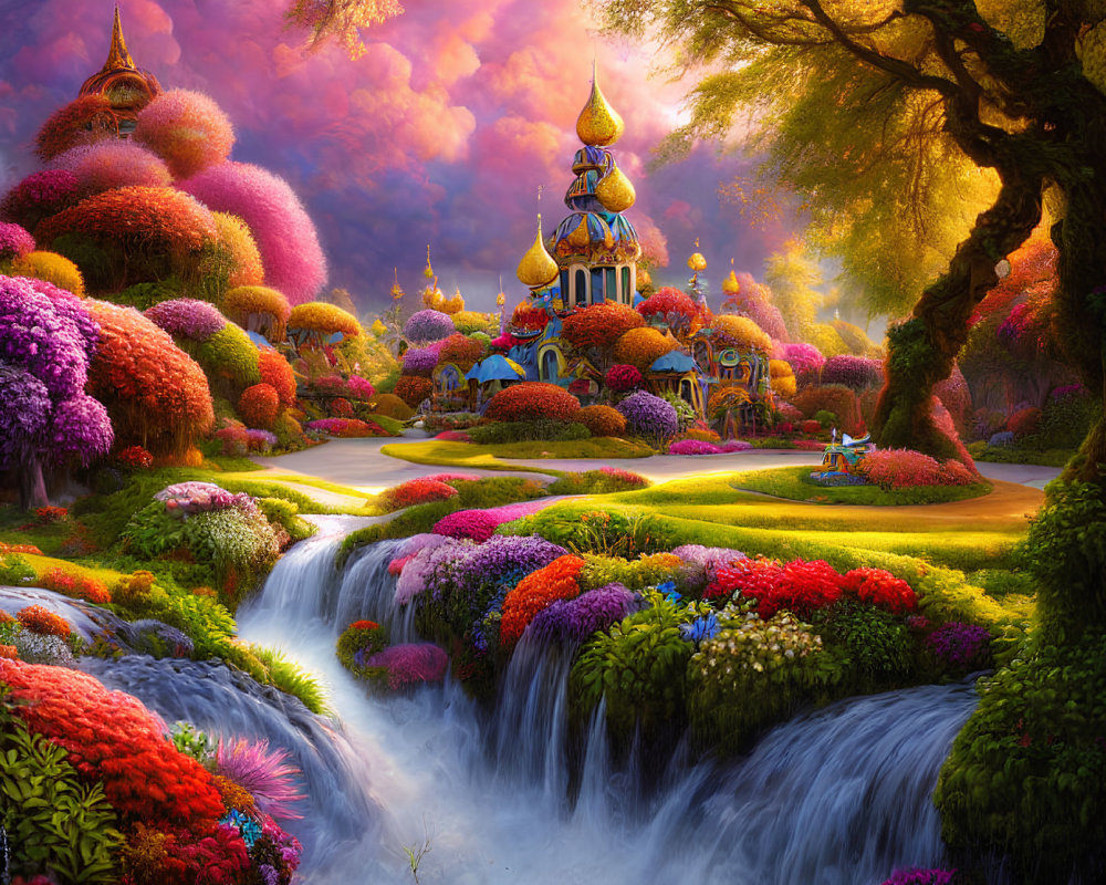 Colorful fantasy landscape with cascading waterfalls and whimsical buildings