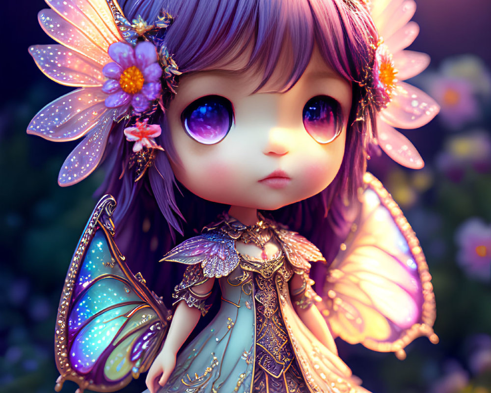 Illustrated fairy with purple eyes and iridescent wings in floral setting