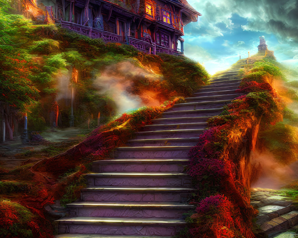 Mystical forest scene with stone staircase, traditional wooden house, ancient temple, autumn foliage, and