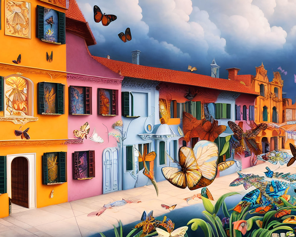 Vibrant street scene with oversized butterflies and lush greenery