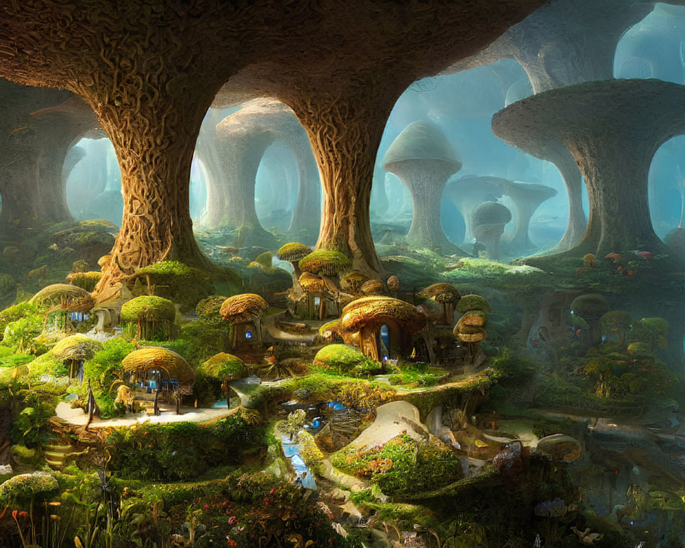 Enchanting forest with oversized mushrooms and tree-like structures