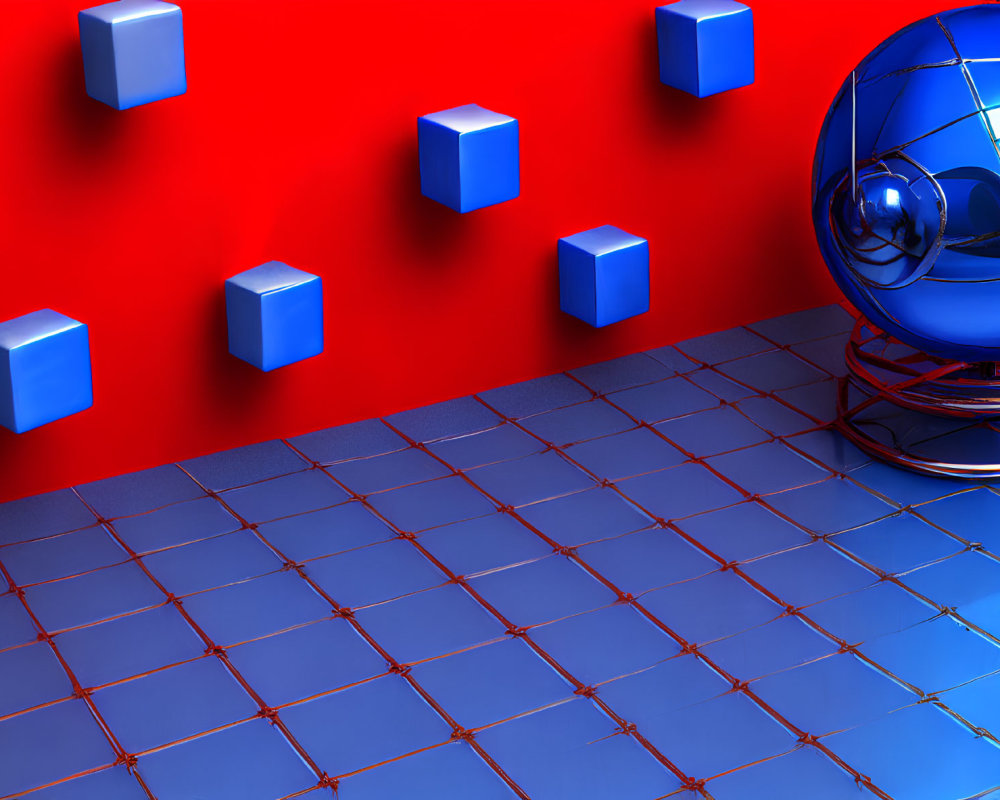 Blue Glass Globe on Tiled Floor Beside Red Wall with Floating Blue Cubes