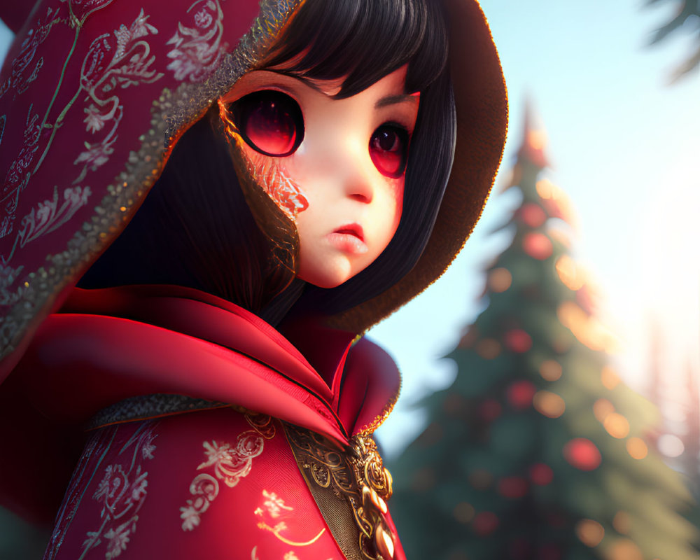 Digital artwork featuring girl with large red eyes in ornate red hood against Christmas tree backdrop