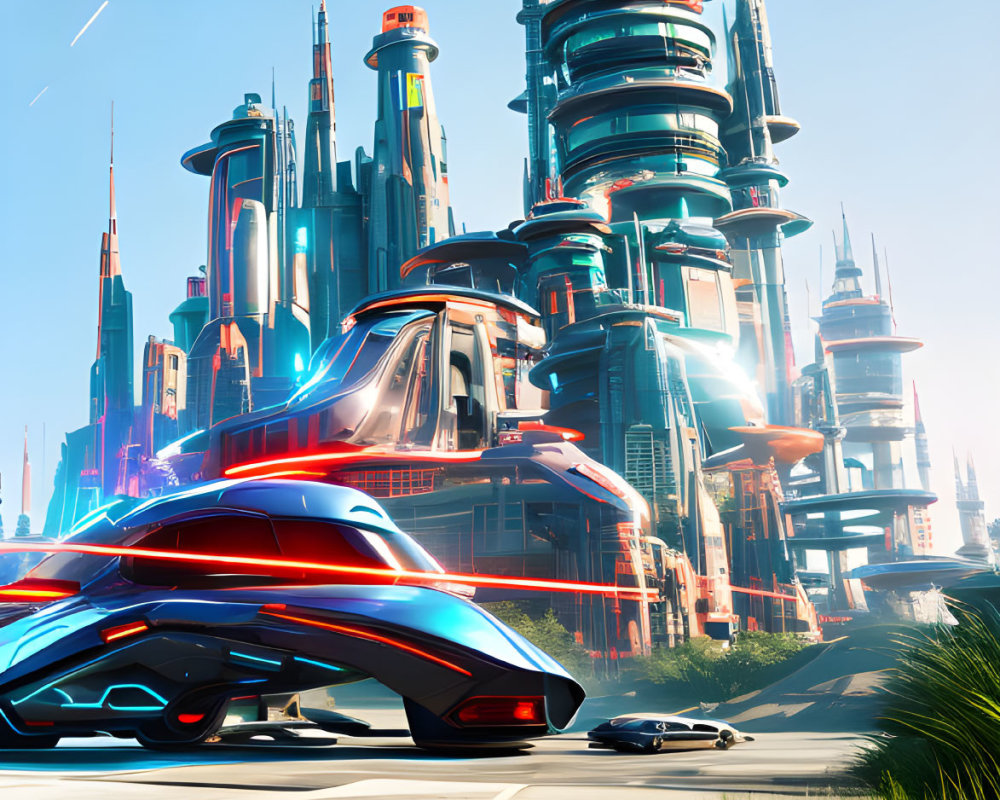 Futuristic Cityscape with Skyscrapers and Vehicles in Vibrant Blue Skies