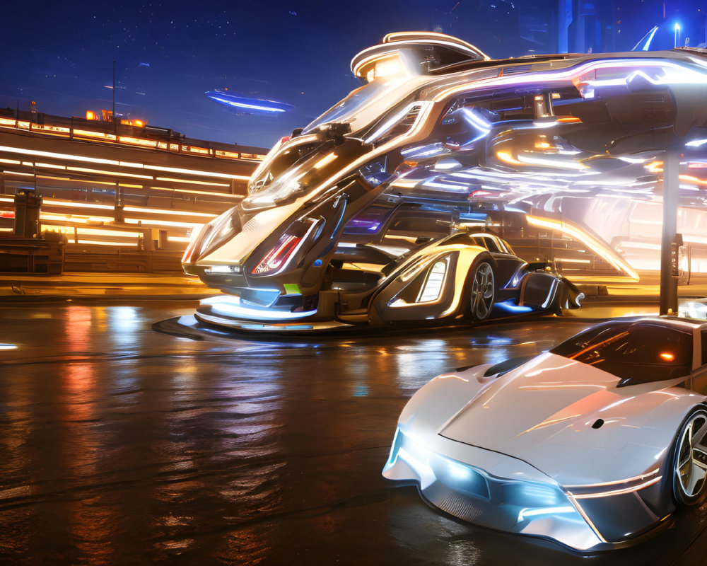 Futuristic cityscape with sports car and spaceship docked