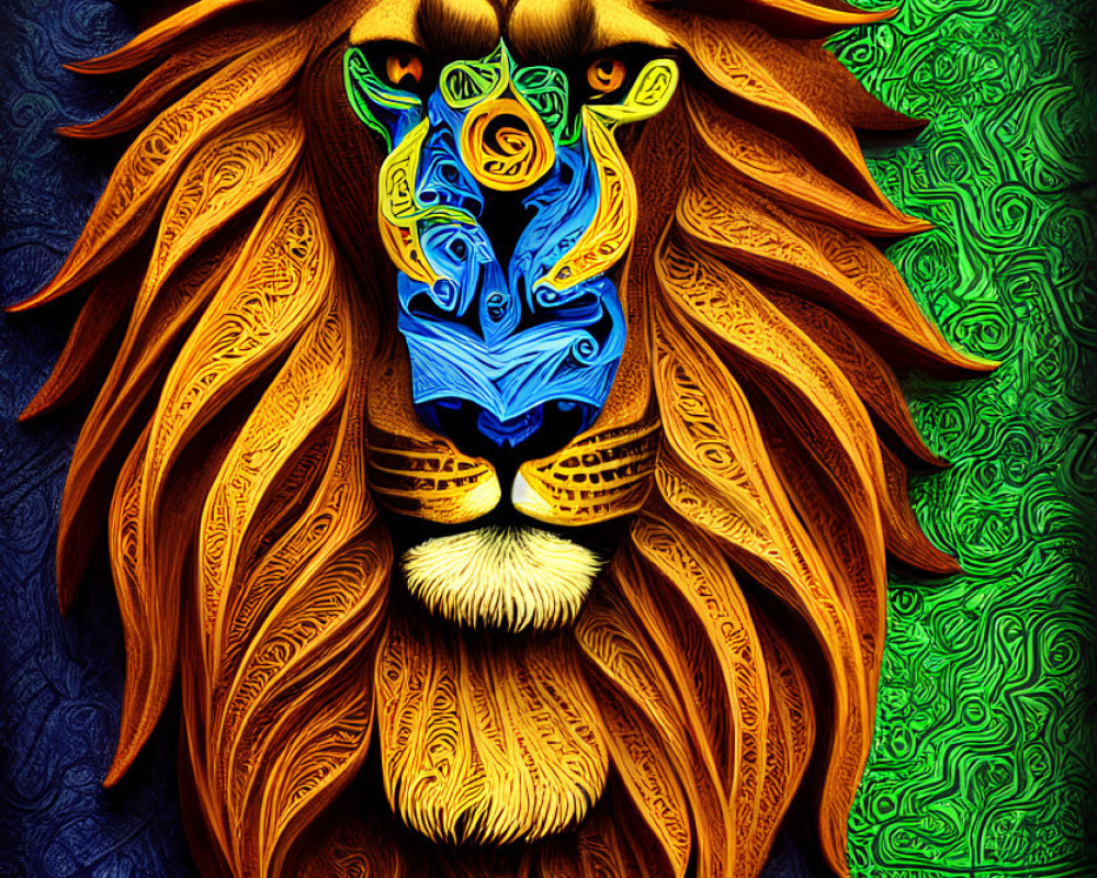 Colorful lion with intricate patterns and flowing mane on textured green background