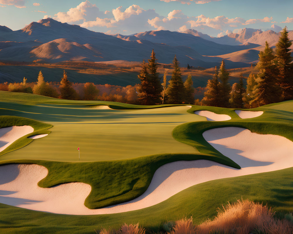 Scenic golf course with green fairways and white sand bunkers amid rolling hills and mountains