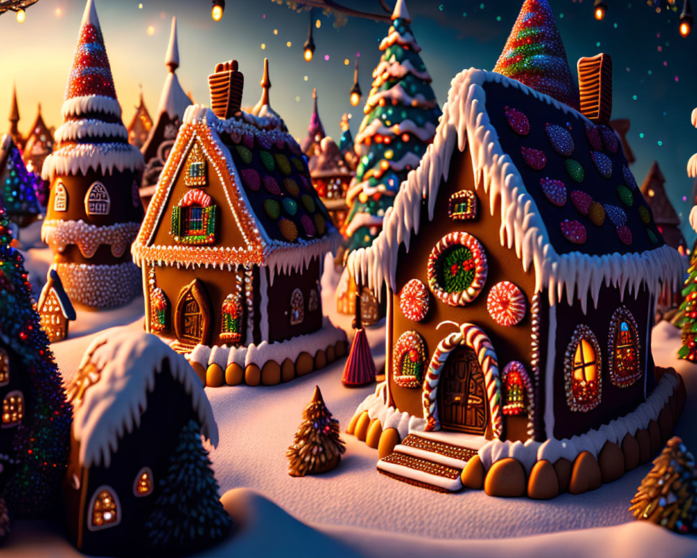 Winter scene with gingerbread houses and snowy trees under starry sky