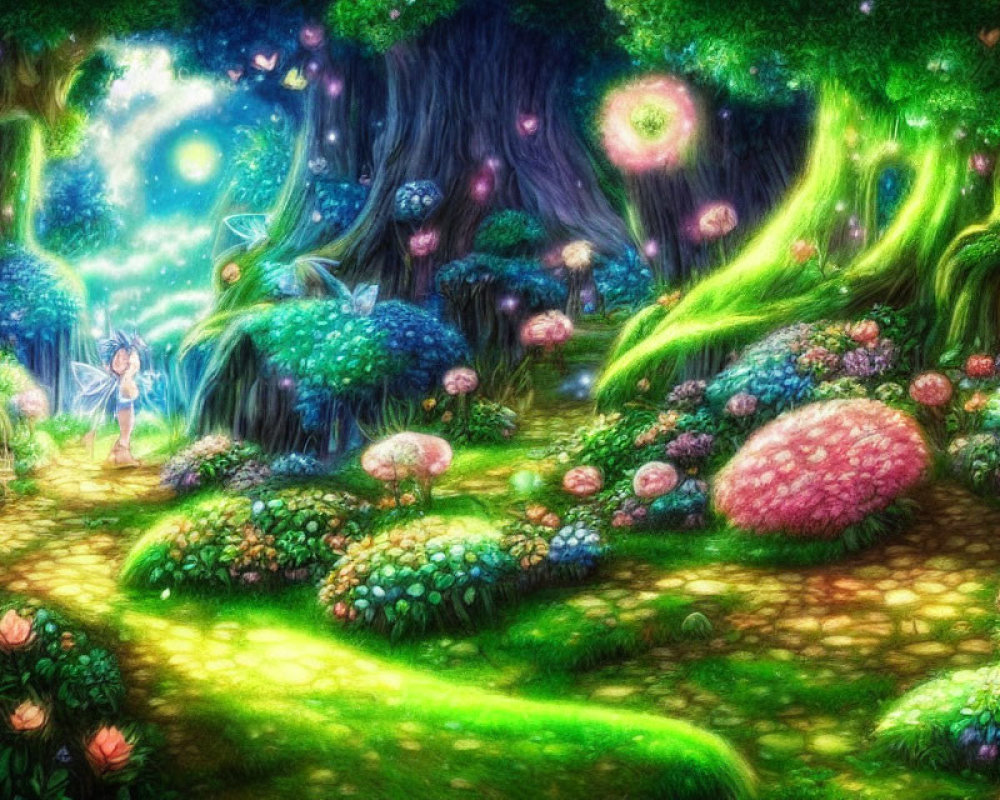 Fantasy forest with glowing plants, fairy, and whimsical tree houses