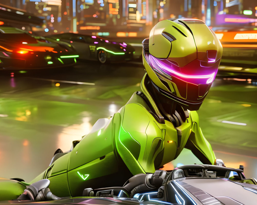 Neon-lit city scene with futuristic motorcyclist