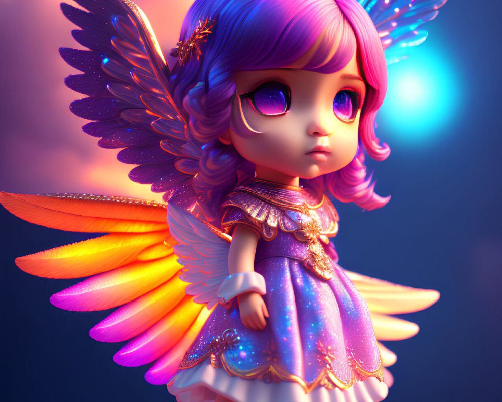 Colorful digital artwork of doe-eyed character with purple hair and fairy wings.