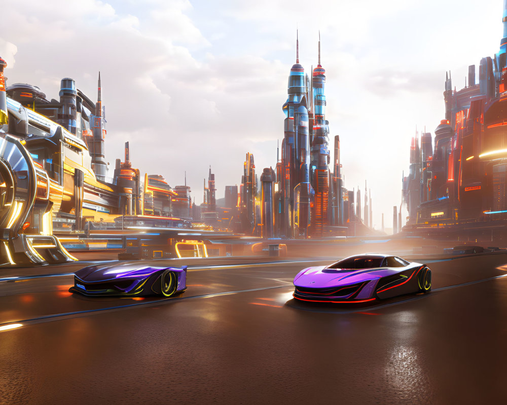 Futuristic cityscape with sleek cars, skyscrapers, and sunset sky