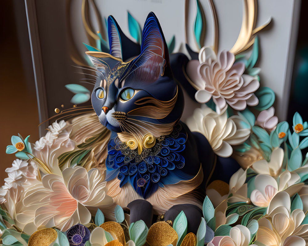 Colorful Cat Artwork with Intricate Patterns and Paper Flowers