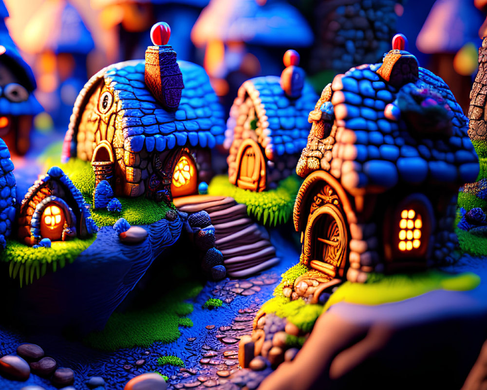 Enchanted fantasy village scene with tiny mushroom-shaped houses at night