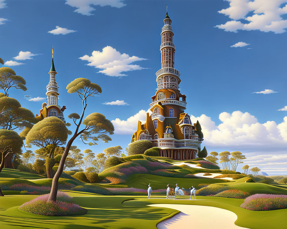 Whimsical tower in surreal landscape with golfers and trees