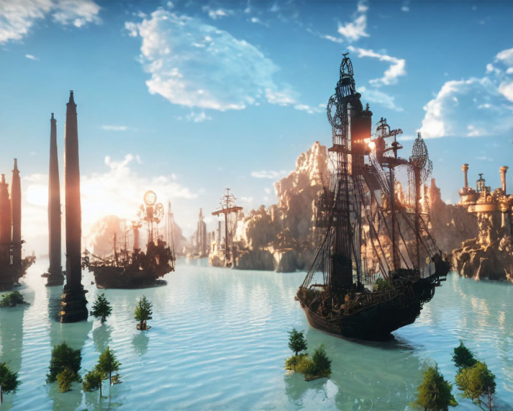 Fantastical landscape featuring vintage ship, towering pillars, and floating islands.