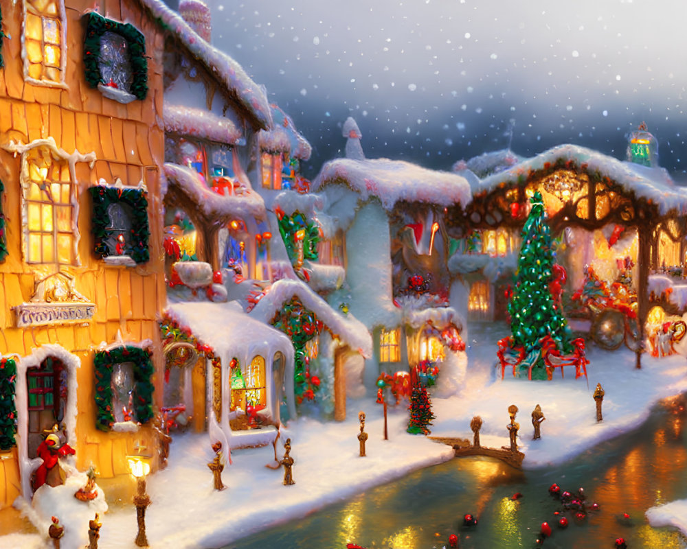 Snow-covered Christmas village with festive decorations and lit tree