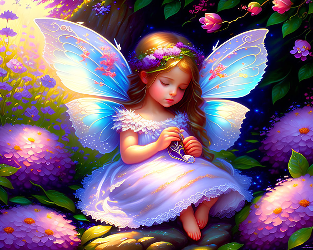 Young fairy with delicate wings among vibrant flowers holding butterfly