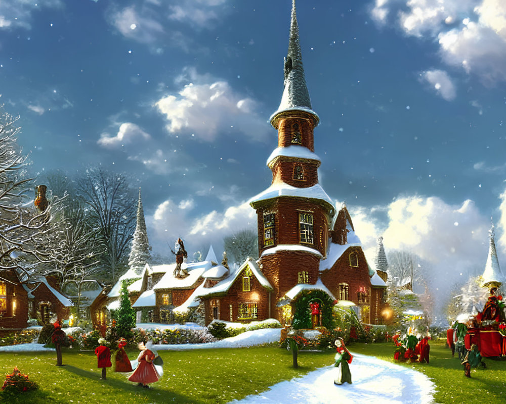 Victorian winter village with snow-covered landscape and horse-drawn carriage