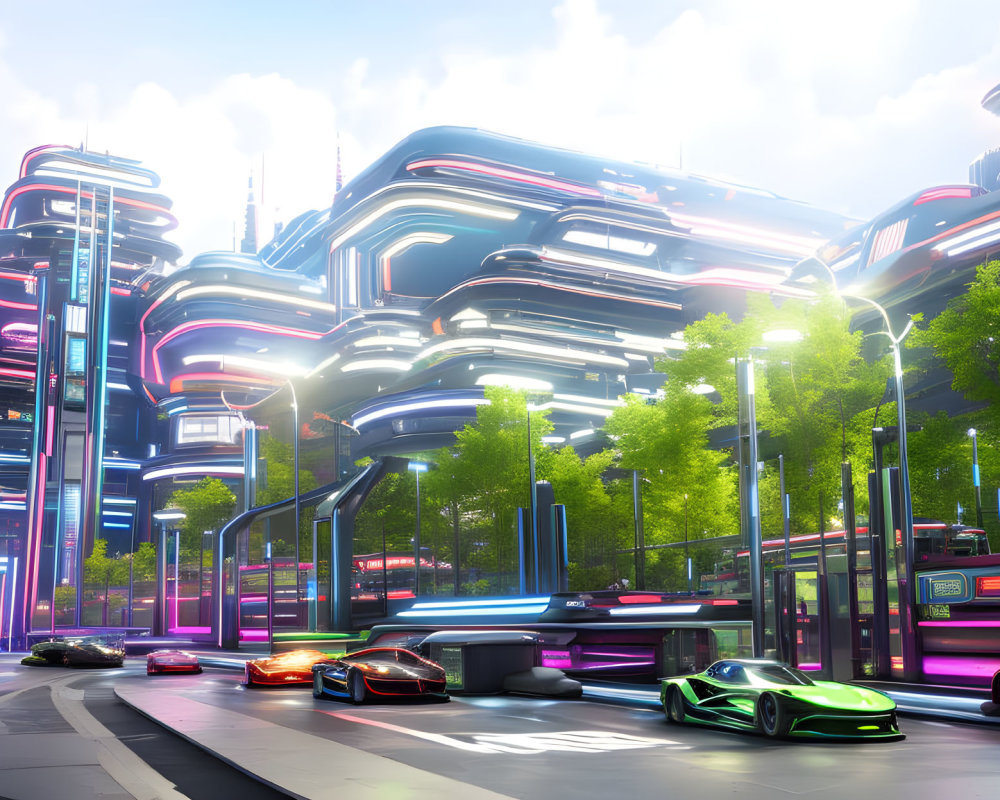 Sleek futuristic cityscape with neon lights and modern vehicles