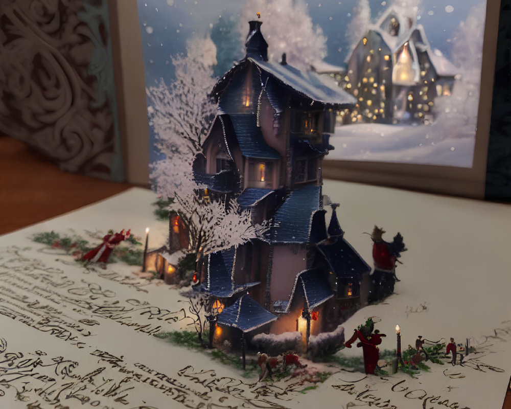 Detailed 3D Winter Scene Christmas Card with Snow-Covered House