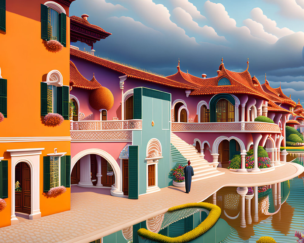 Colorful illustration of orange and pink architectural landscape with ornate buildings, reflective water, and floating green