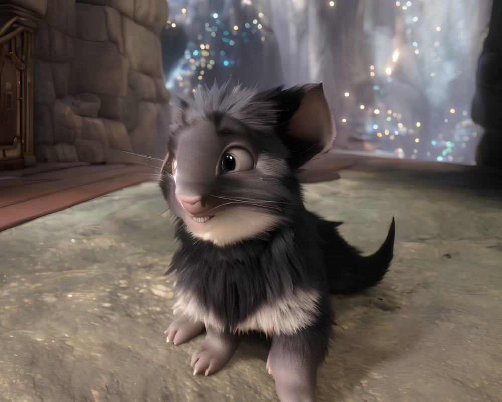 Grey and black fur animated kitten in fantasy cave with glowing crystals and waterfall