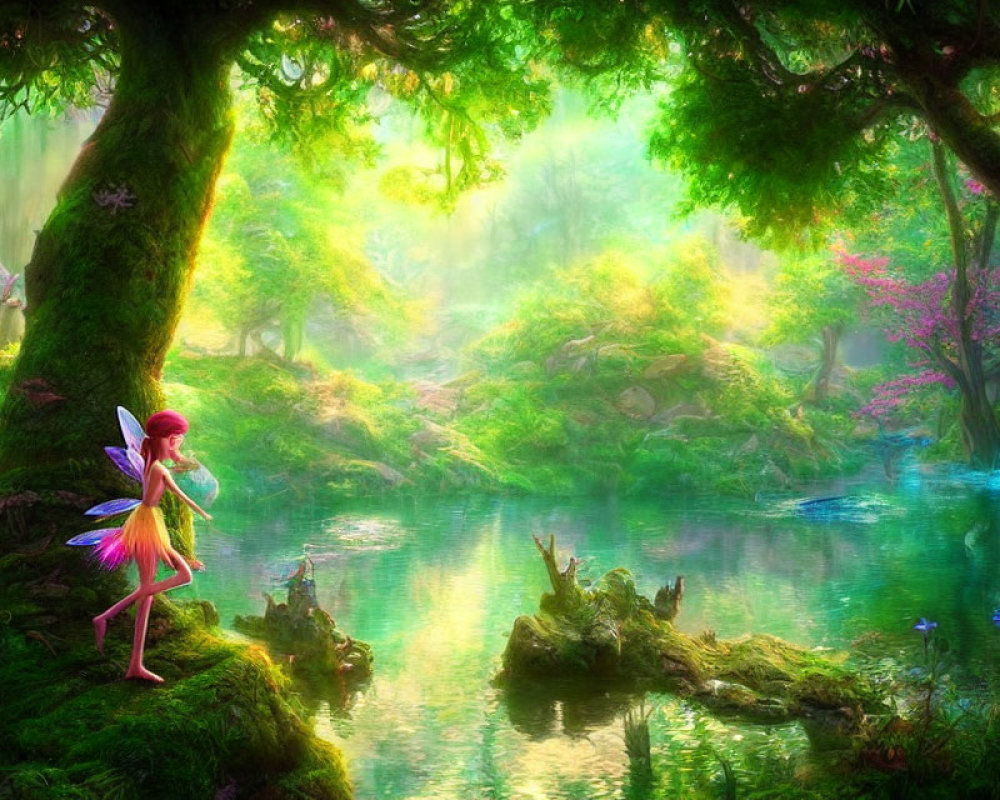 Colorful fairy in vibrant fantasy forest by serene pond surrounded by lush greenery