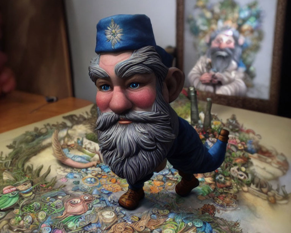 Colorful 3D illustration of bearded gnome on floral map