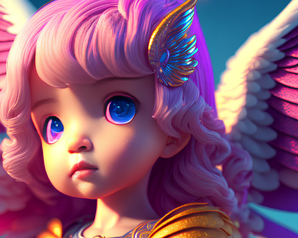 Fantastical character with blue eyes, pink hair, winged earmuffs, and feathery