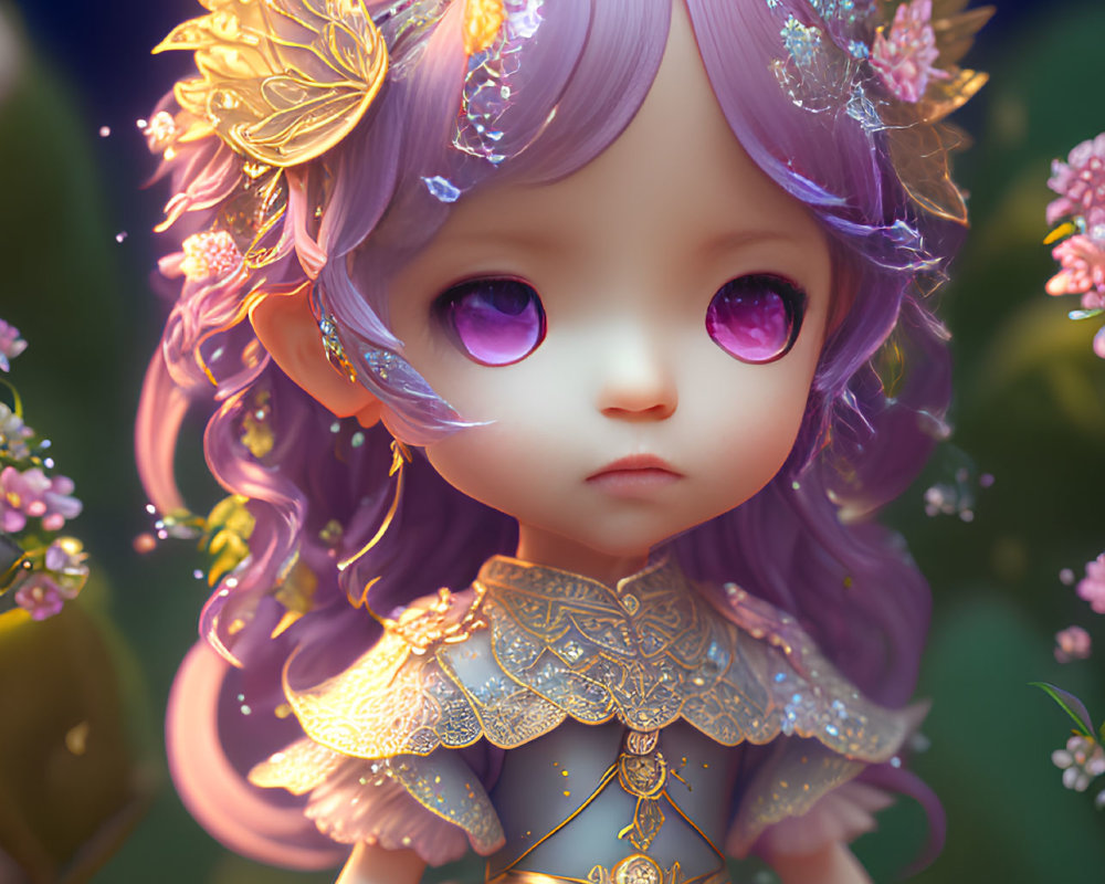 Detailed 3D fantasy character with purple hair and golden floral accessories