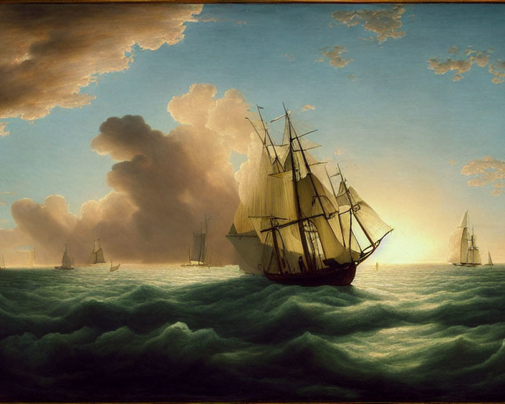 Sailing ship painting on turbulent sea with glowing sky