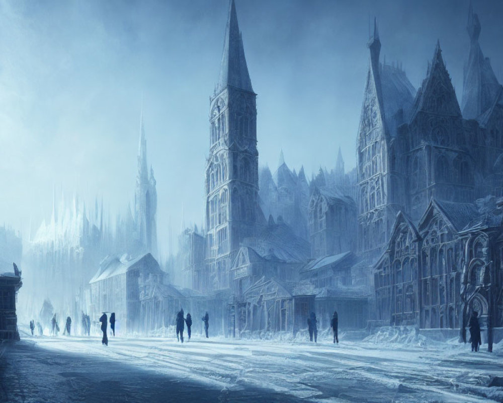 Snowy Gothic cityscape with spired buildings and misty ambiance