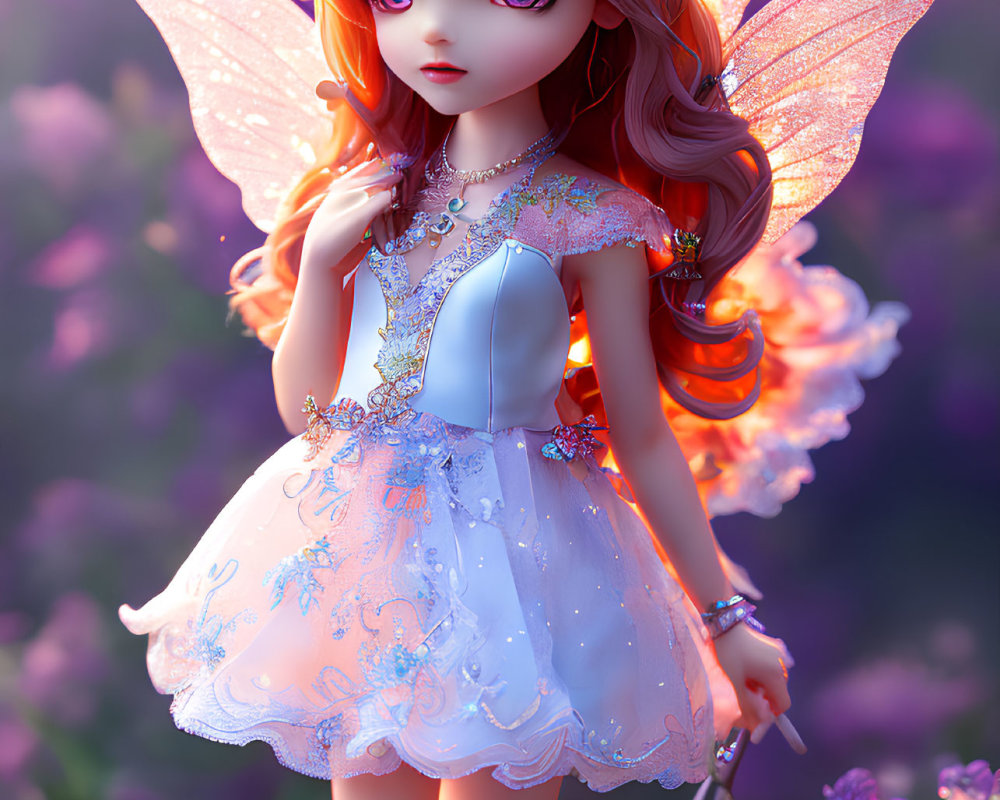 Animated fairy with translucent wings in vibrant floral setting