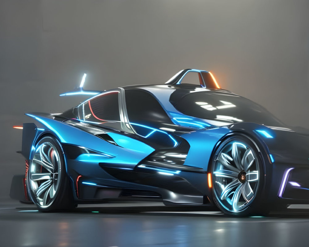 Futuristic Blue Sports Car with Neon Accents in Dimly Lit Setting