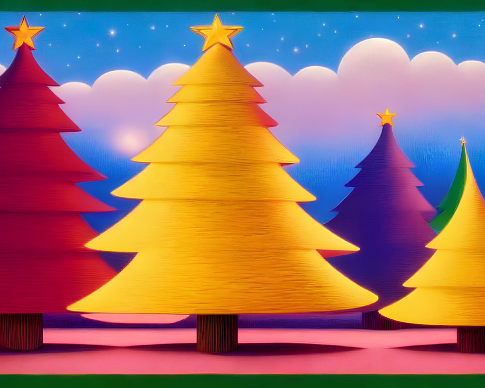 Four Stylized Christmas Trees with Stars on Whimsical Night Sky