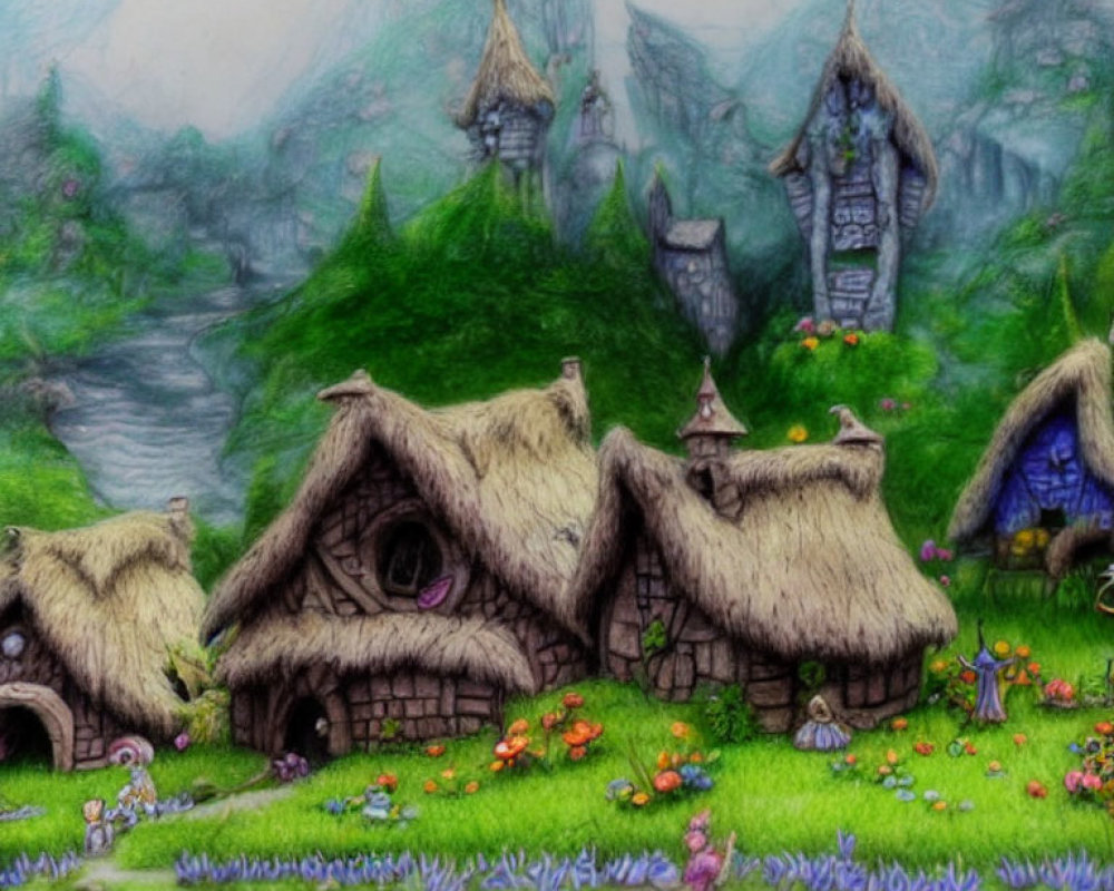 Fantasy village with thatched-roof cottages in misty mountainscape