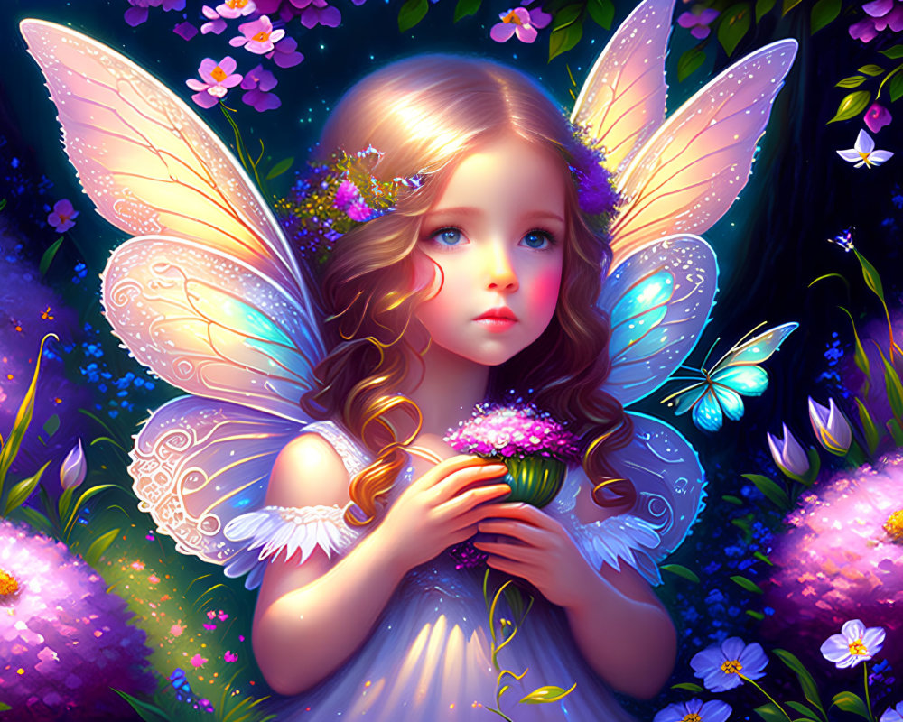 Illustration of young girl with fairy wings in flower-filled setting