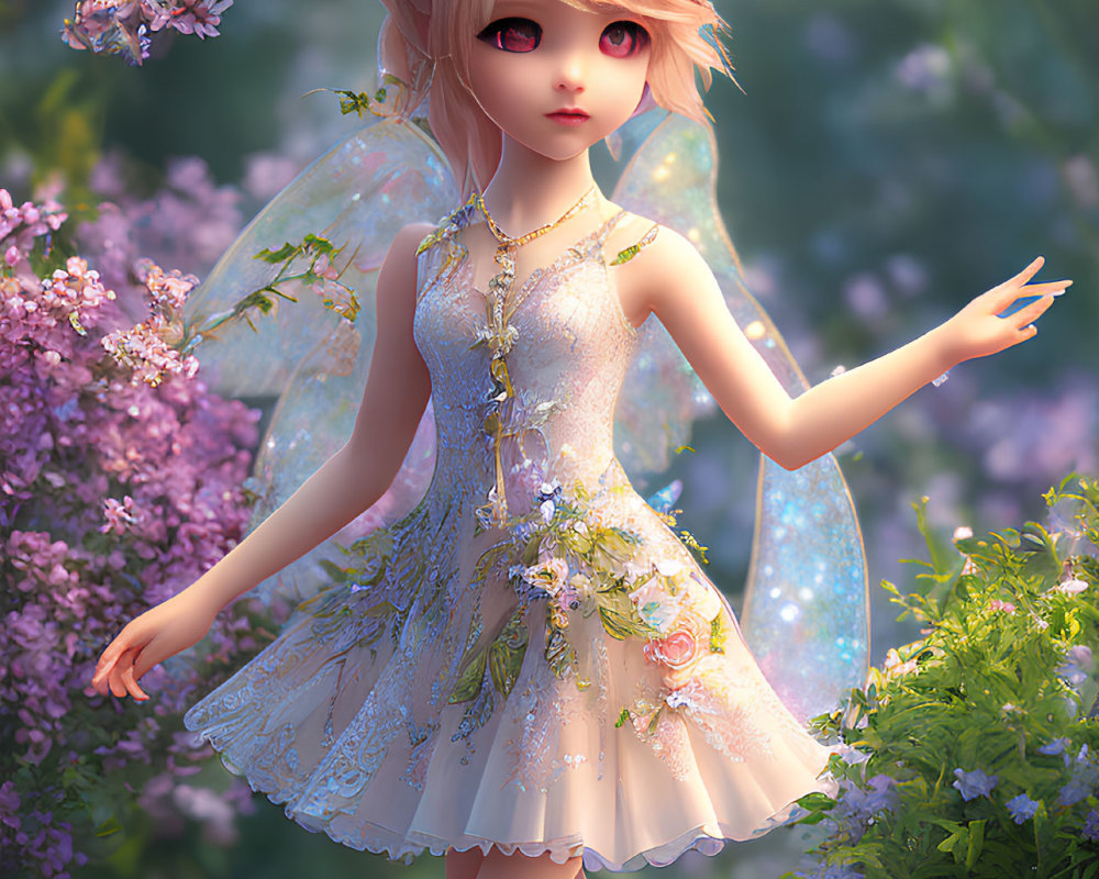 Fairy with Wings in White Dress Among Purple Flowers