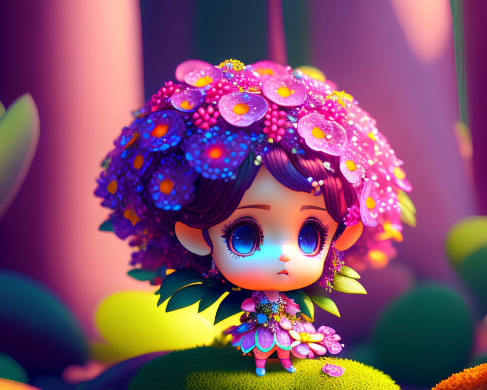 Colorful Stylized Character with Blue Eyes and Floral Headdress in Whimsical Landscape