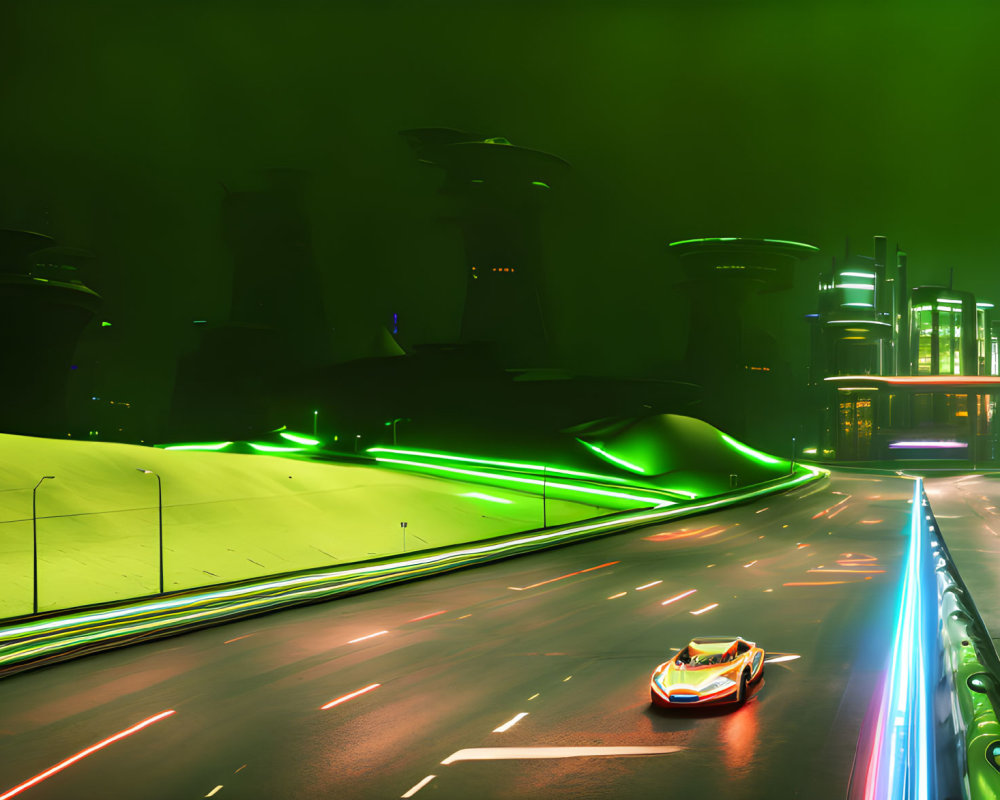 Futuristic cityscape at night with neon lights and lone car on highway