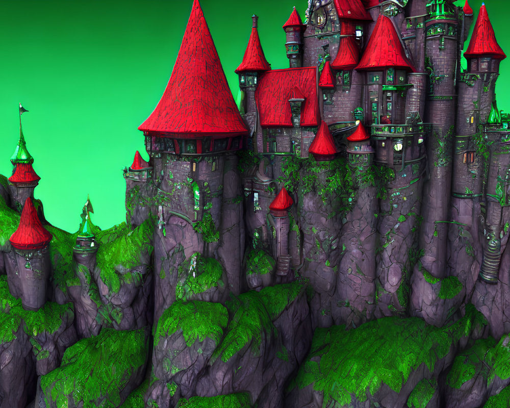 Fantastical castle with red roofs on craggy outcrop in lush green setting