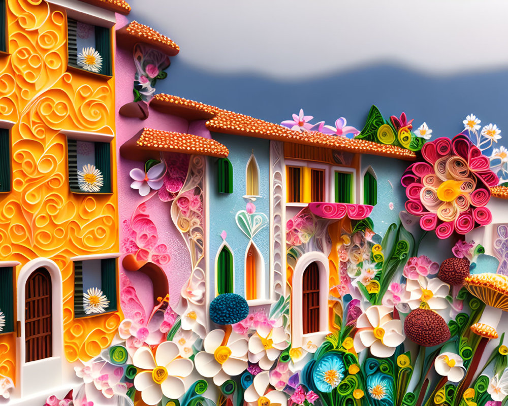 Colorful 3D artwork featuring whimsical houses with floral patterns