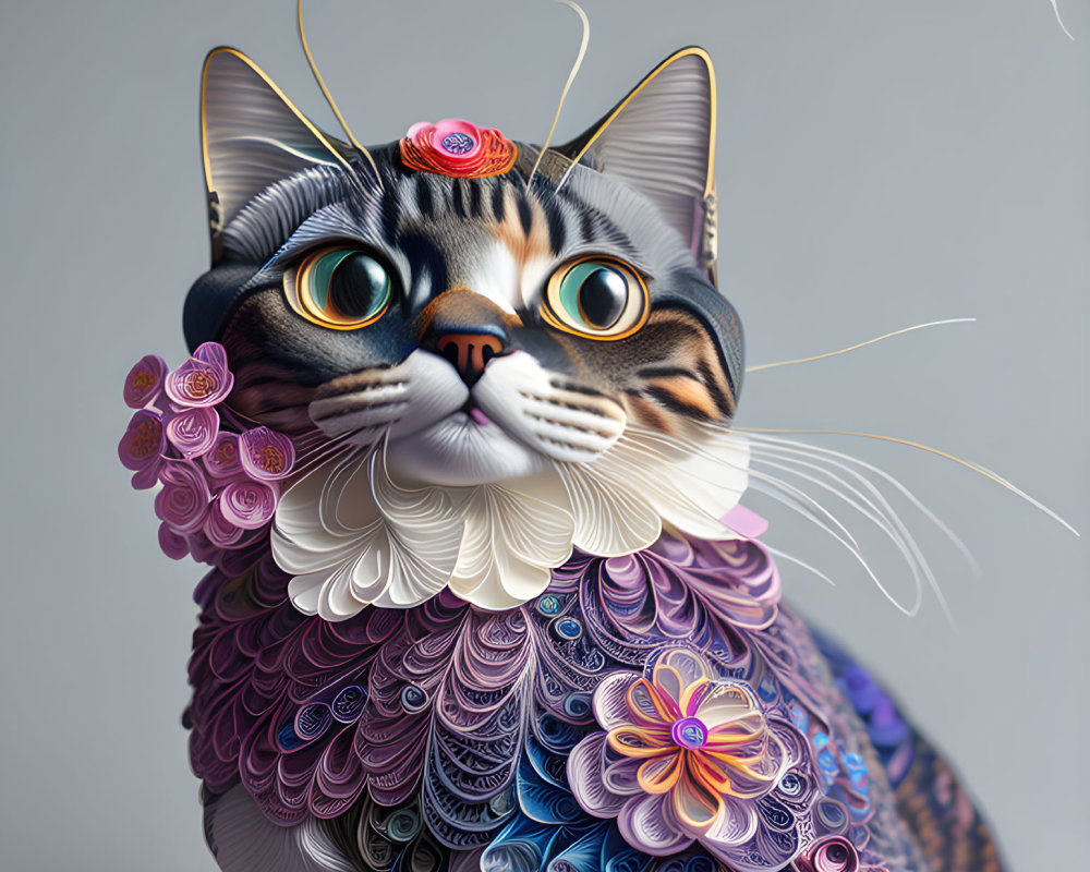 Colorful Quilled Paper Cat Artwork with Floral Designs